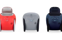 Three parked gita following robots in signal red, thunder gray, and twilight blue on a white background